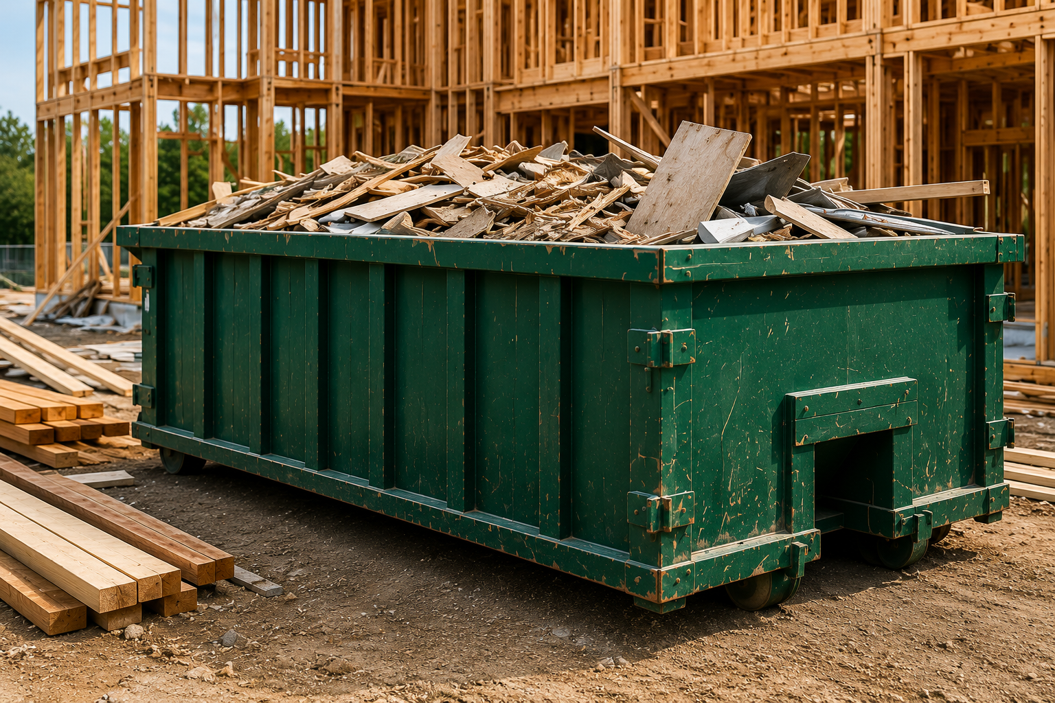 Green construction dumpster filled with debris on job site